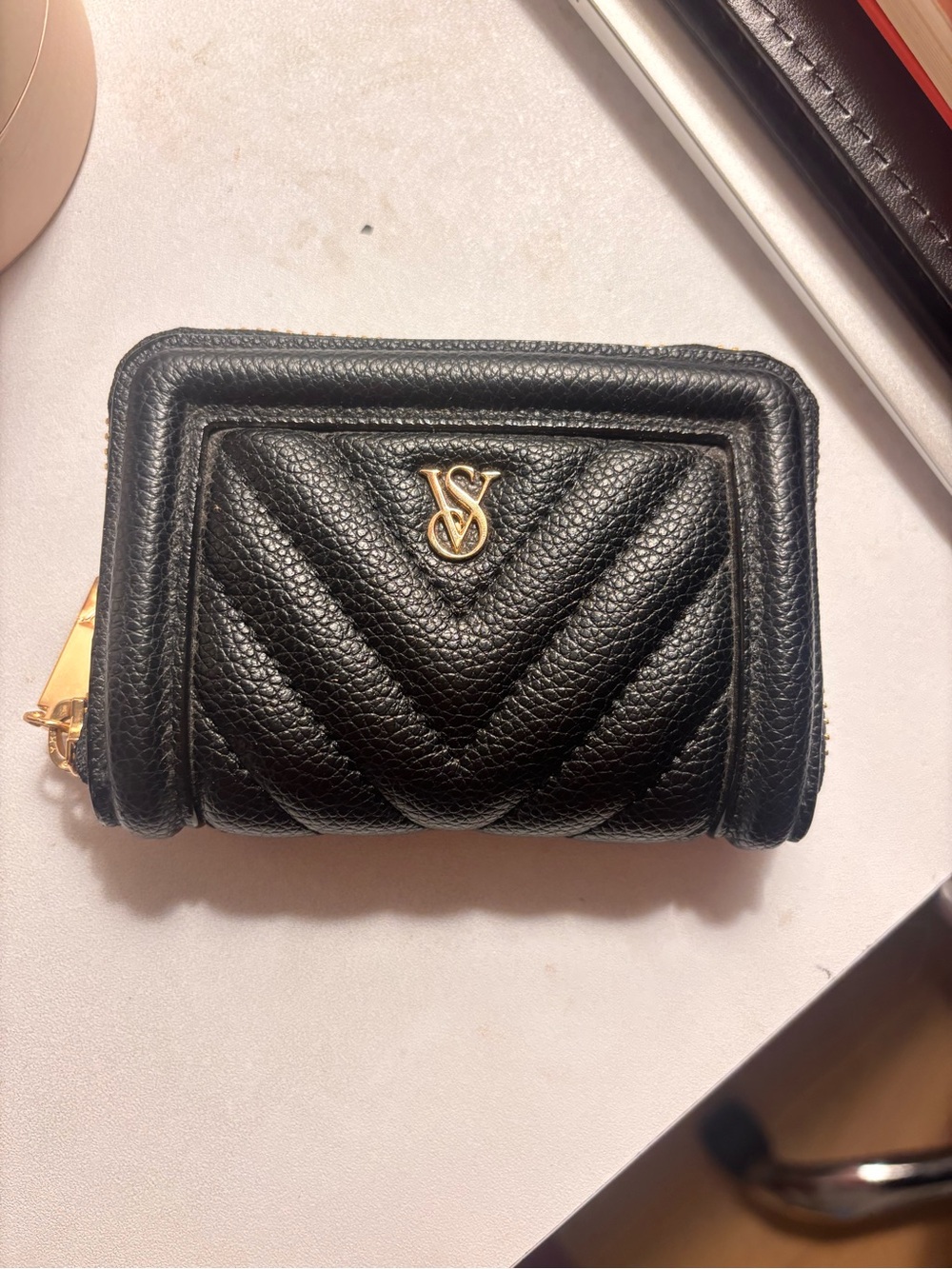 Victoria's Secret Black Quilted Zip-Around Mini Wallet with Gold Logo